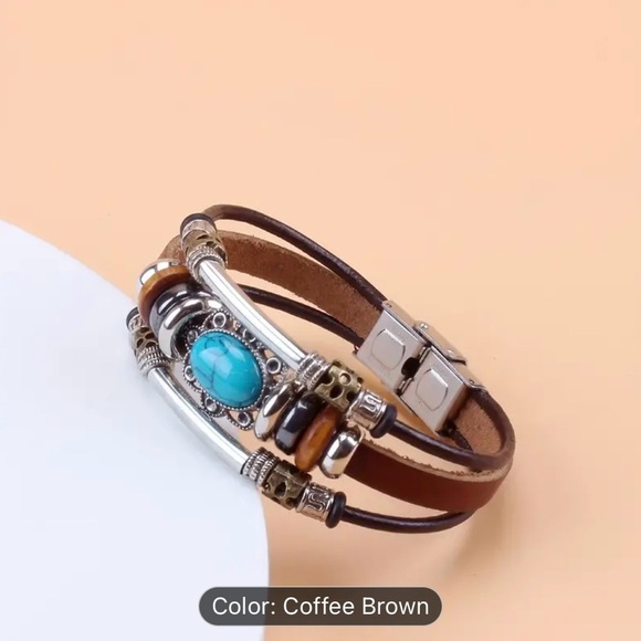 COPY - Elegant Tribal Vintage Green Turquoise Beads & PU Leather Bracelet - Picture 4 of 5